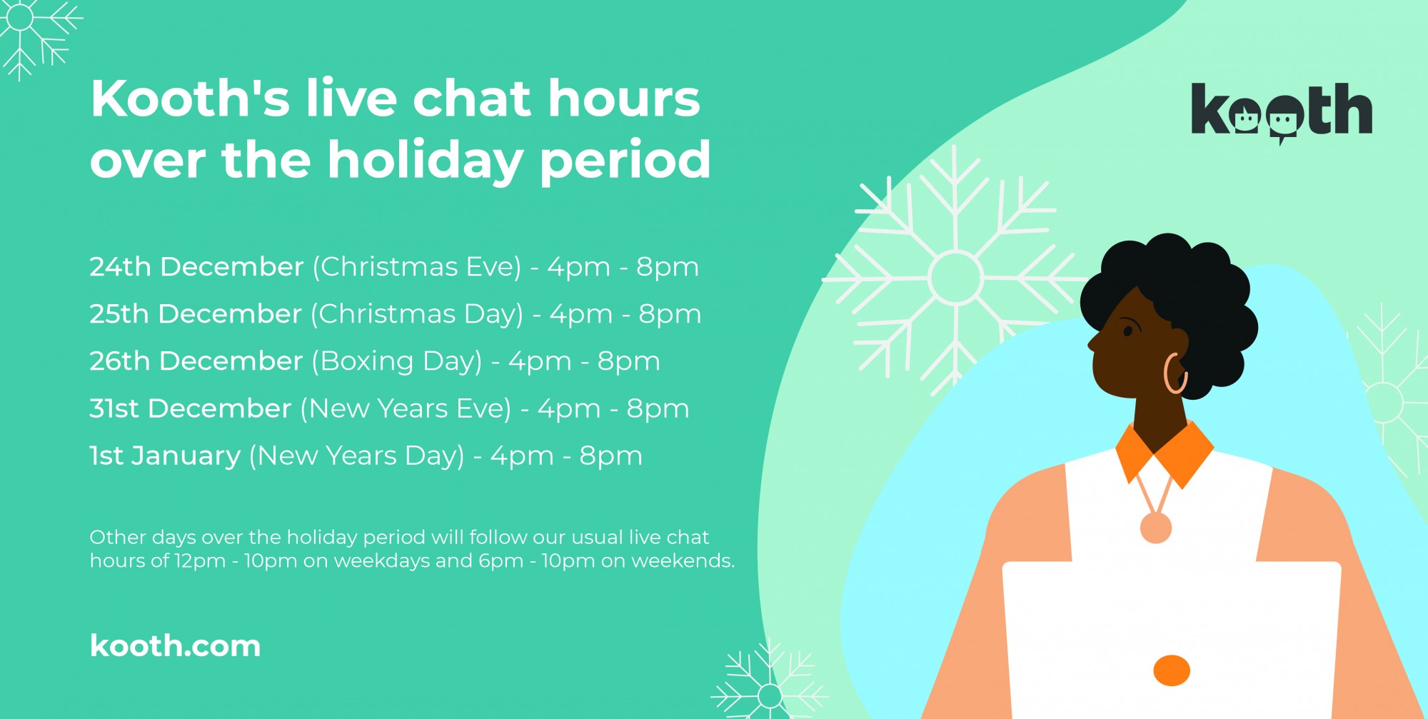 Kooth Christmas opening times, 24th, 25th, 26th 31st December, 1st January 4pm to 8pm