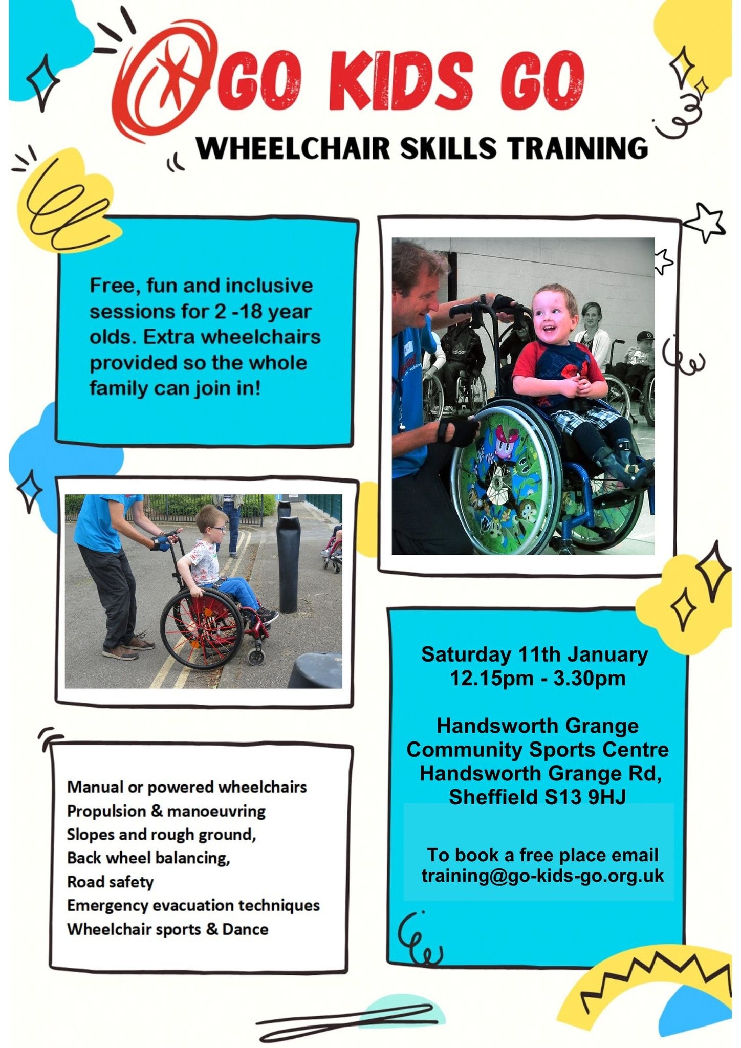 GO KIDS GO Wheelchair Training Flyer shows children in wheelchairs all of the details are in the text of the post