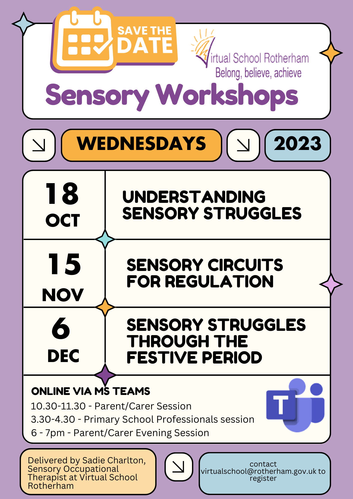 Sensory workshop dates for 2023 18th October, 15th November 6th December