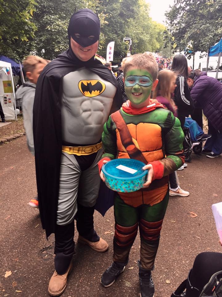 Two Boys dressed as Batman and a Ninja Turtle