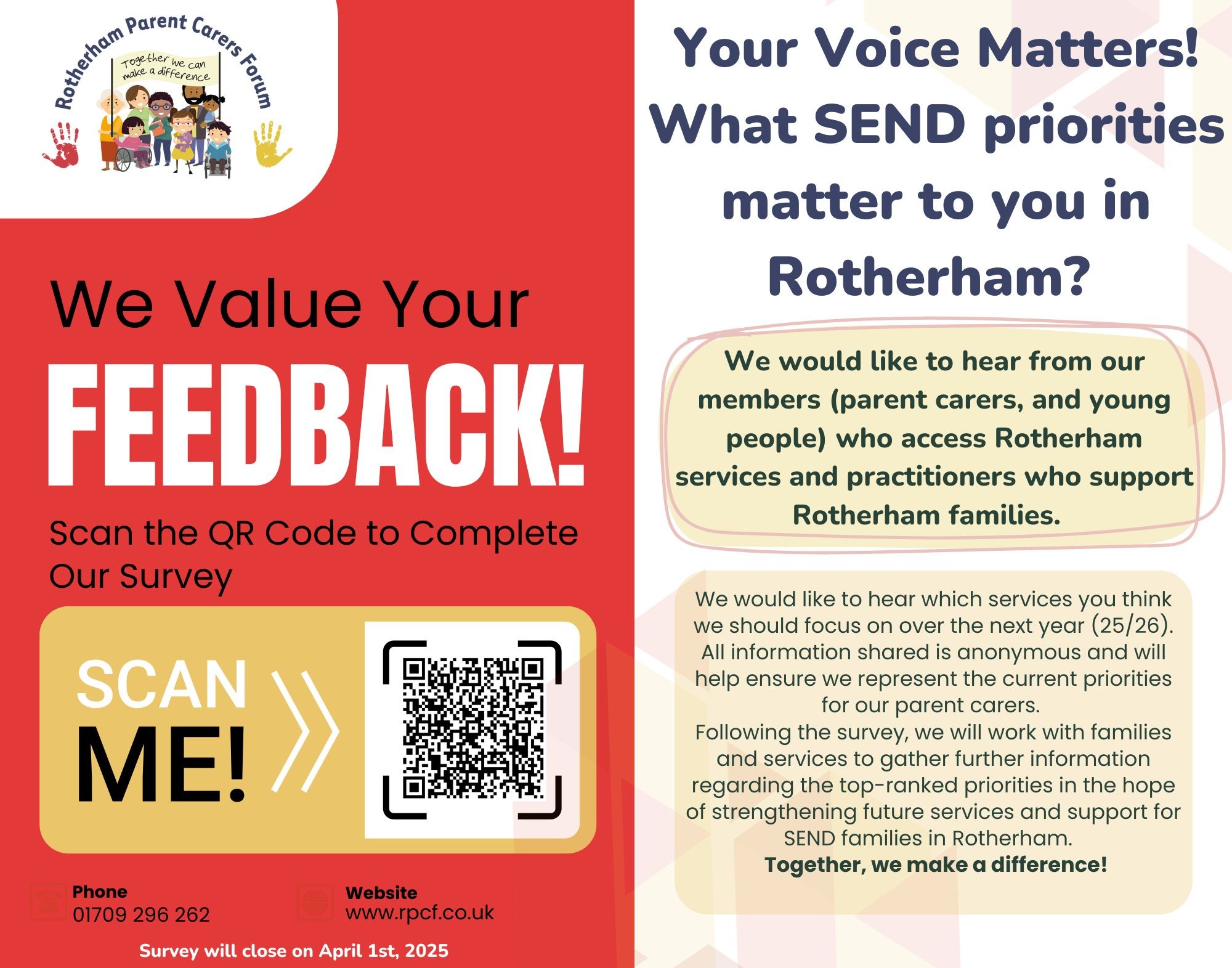 This image is a poster with red background it includes a QR code to scab to take you to the survey it also has in bold letters we value your feedback, in the smalled yellow boxes it gives information which is in the above text.