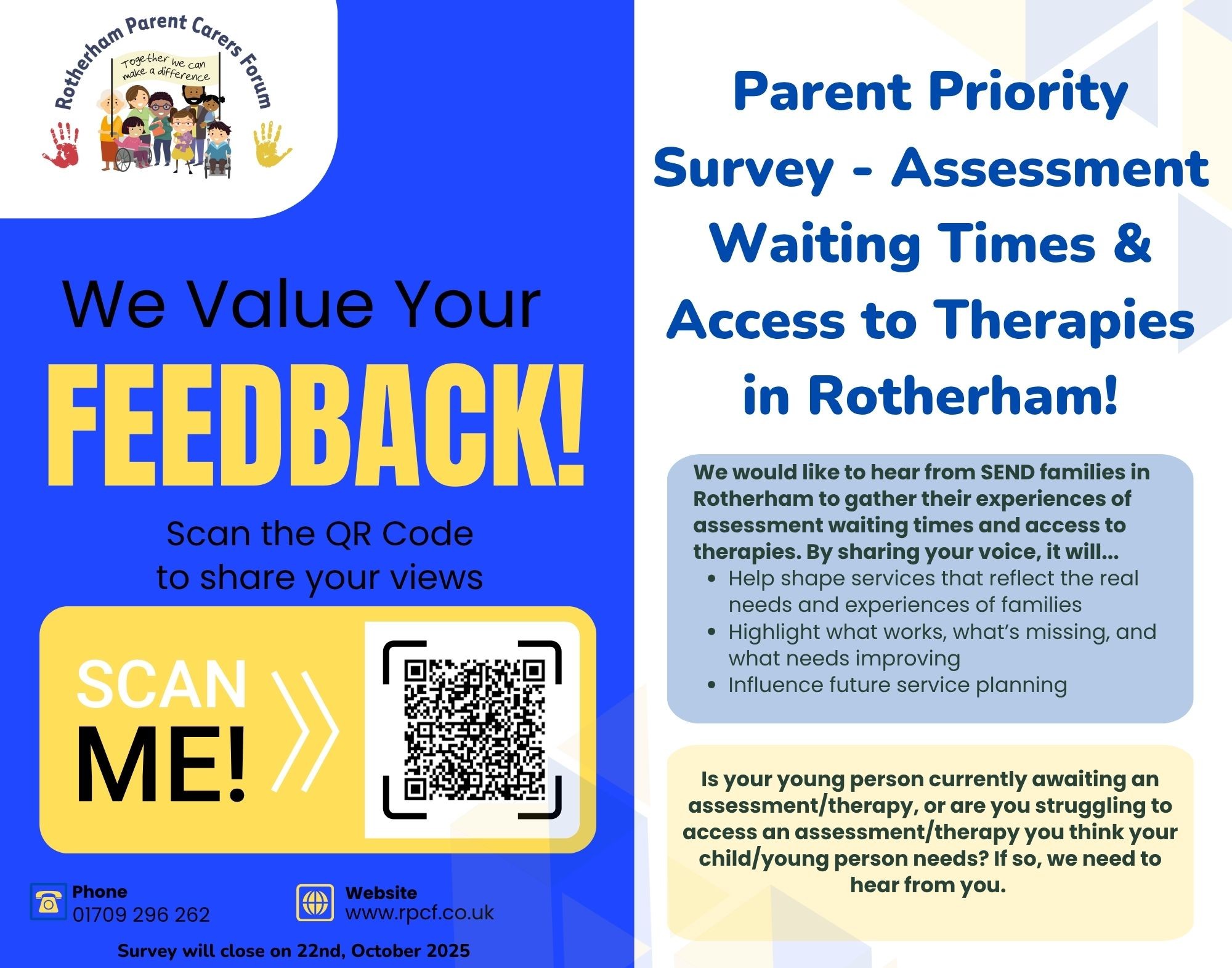 Blue and Yellow poster promoting the survey all information is listed above 