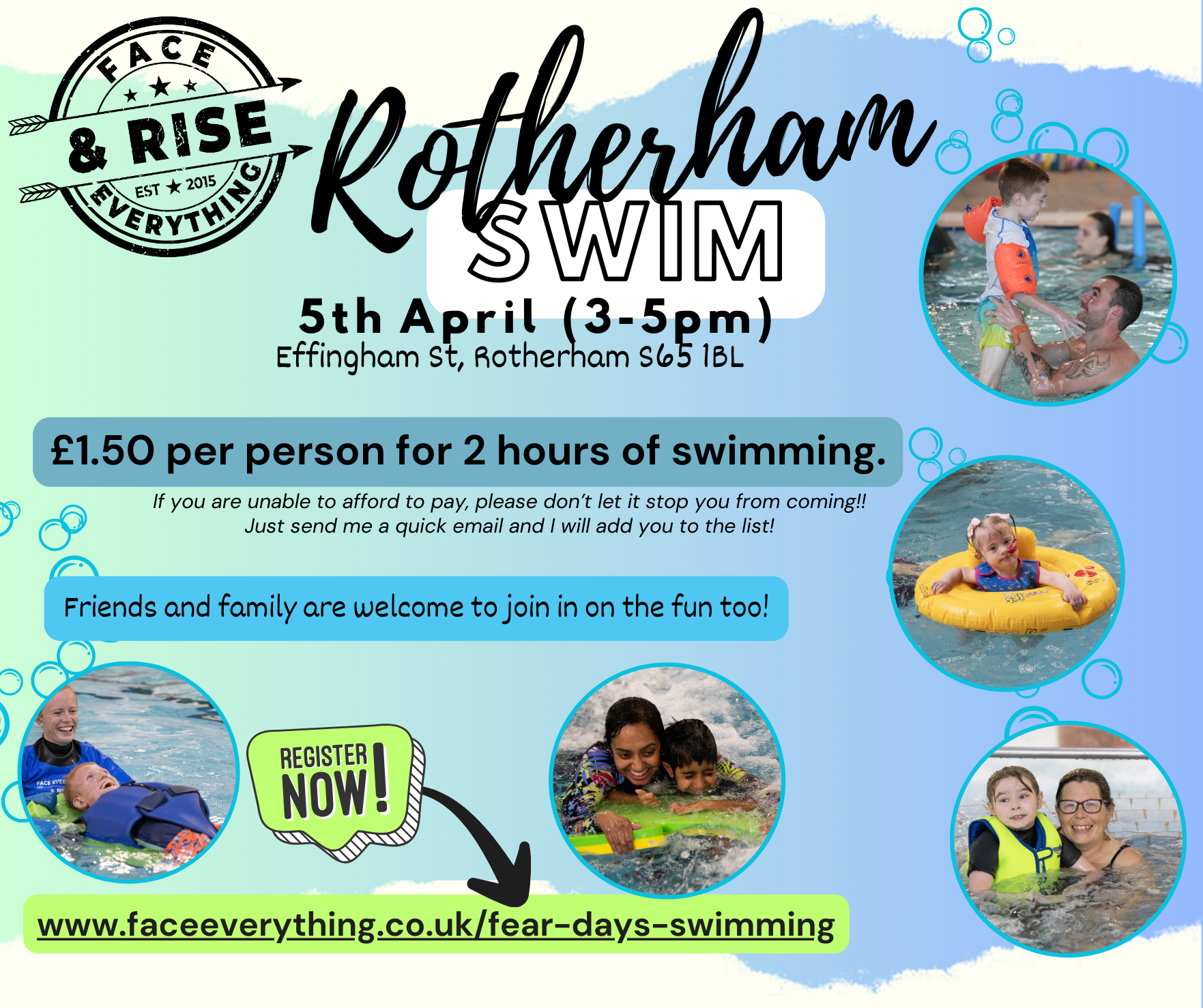 face everything and rise swim sesssion, the poster shows children swimming and details of the session 5th april 3 to 5pm