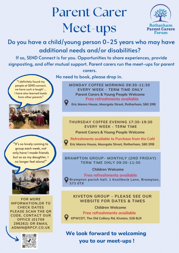 Blue and Yellow poster to show the above information this also has 2 images of parents sat together in group